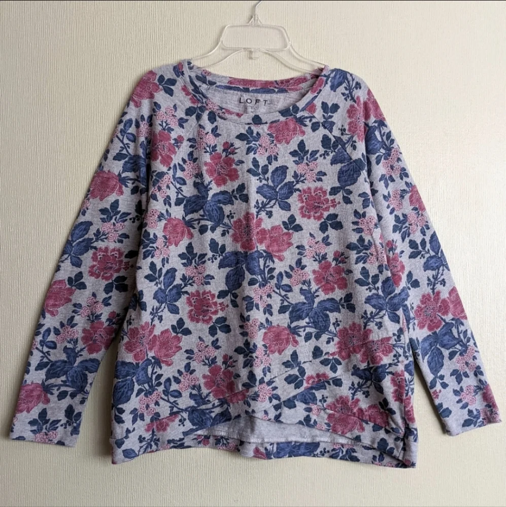 Loft Sweatshirt Pink Gray Blue Floral Long Sleeves